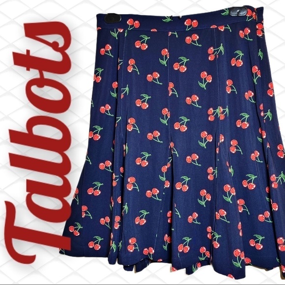 TALBOTS Cherry Print Skater Skirt Navy Blue, Size 2P - Picture 1 of 6